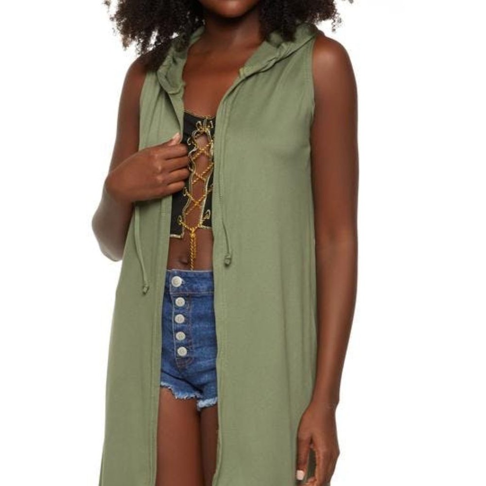 Laser Cut Back Hooded Duster in Olive Green